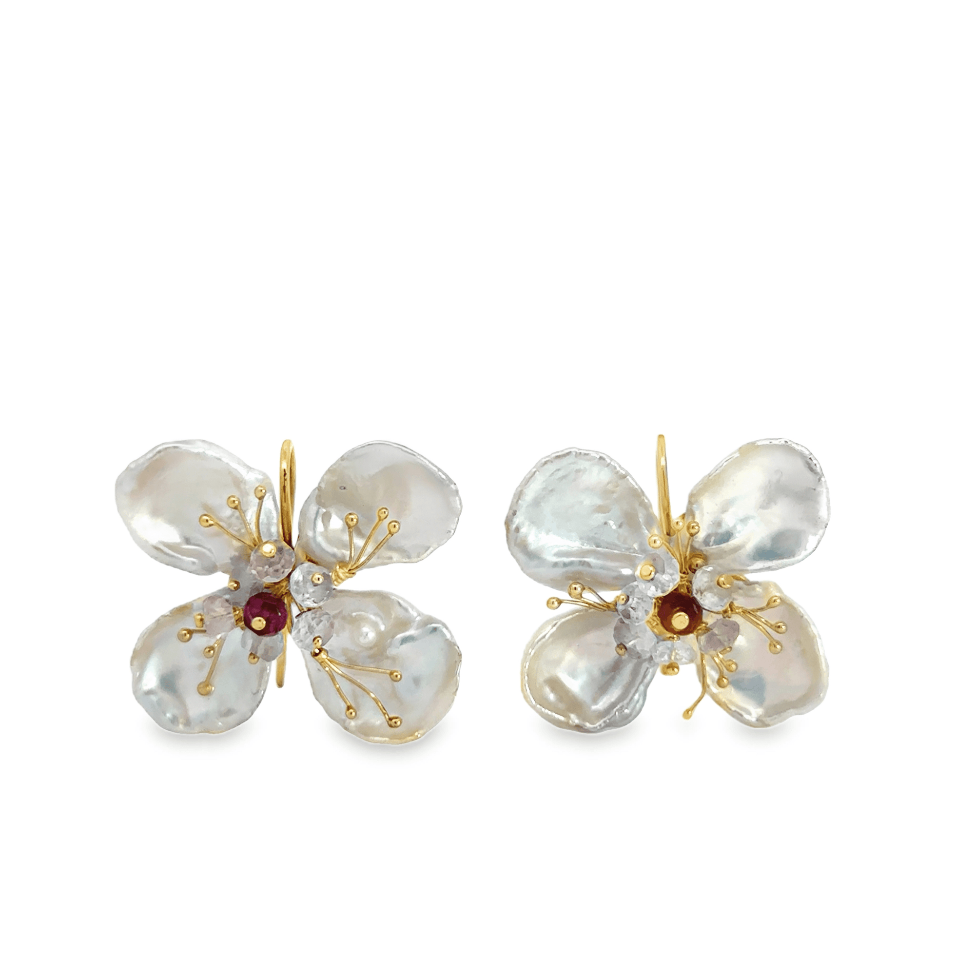 Freshwater Pearl Petals and Garnet 18k Yellow Gold Flower Earrings