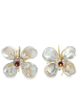 Freshwater Pearl Petals and Garnet 18k Yellow Gold Flower Earrings