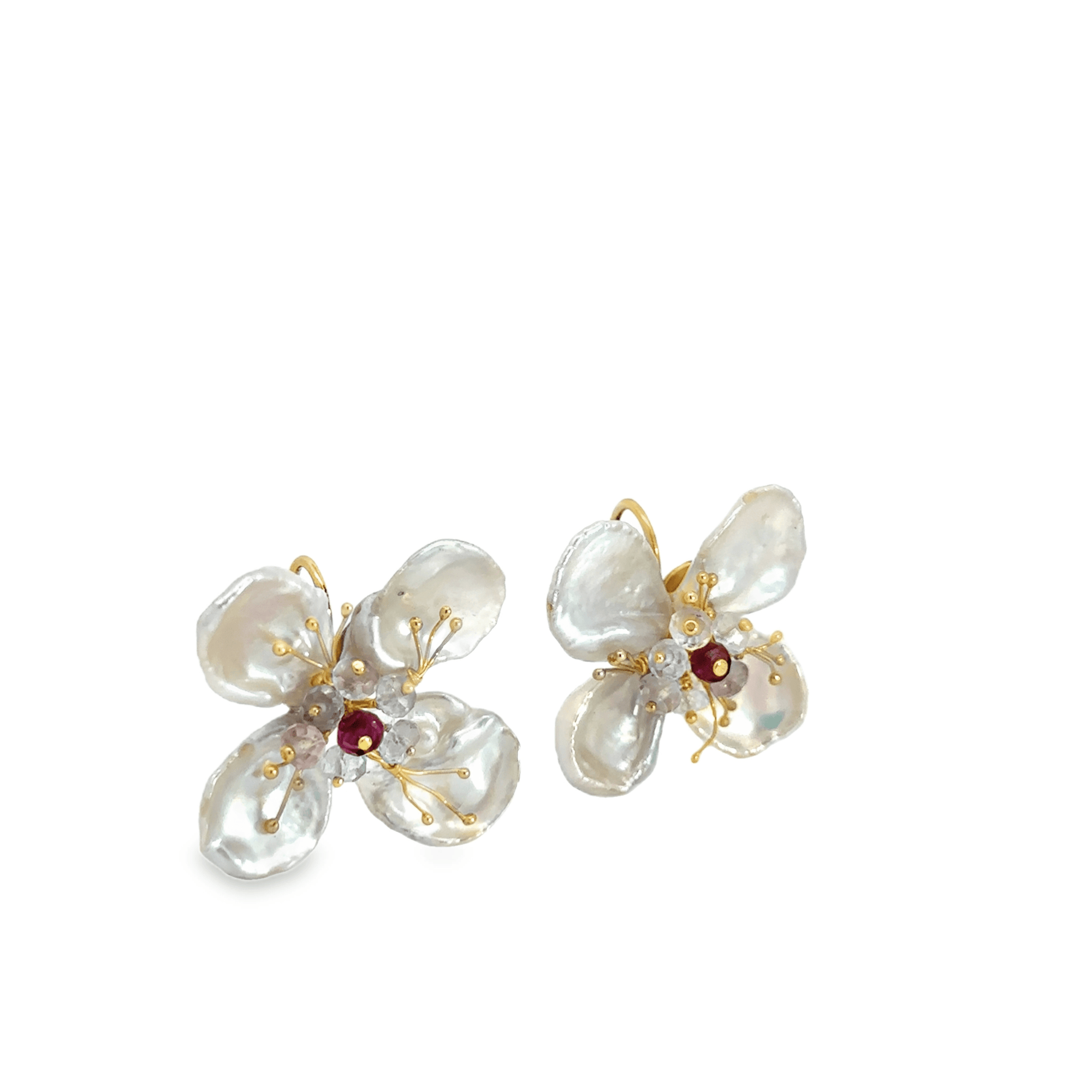 Freshwater Pearl Petals and Garnet 18k Yellow Gold Flower Earrings