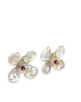 Freshwater Pearl Petals and Garnet 18k Yellow Gold Flower Earrings