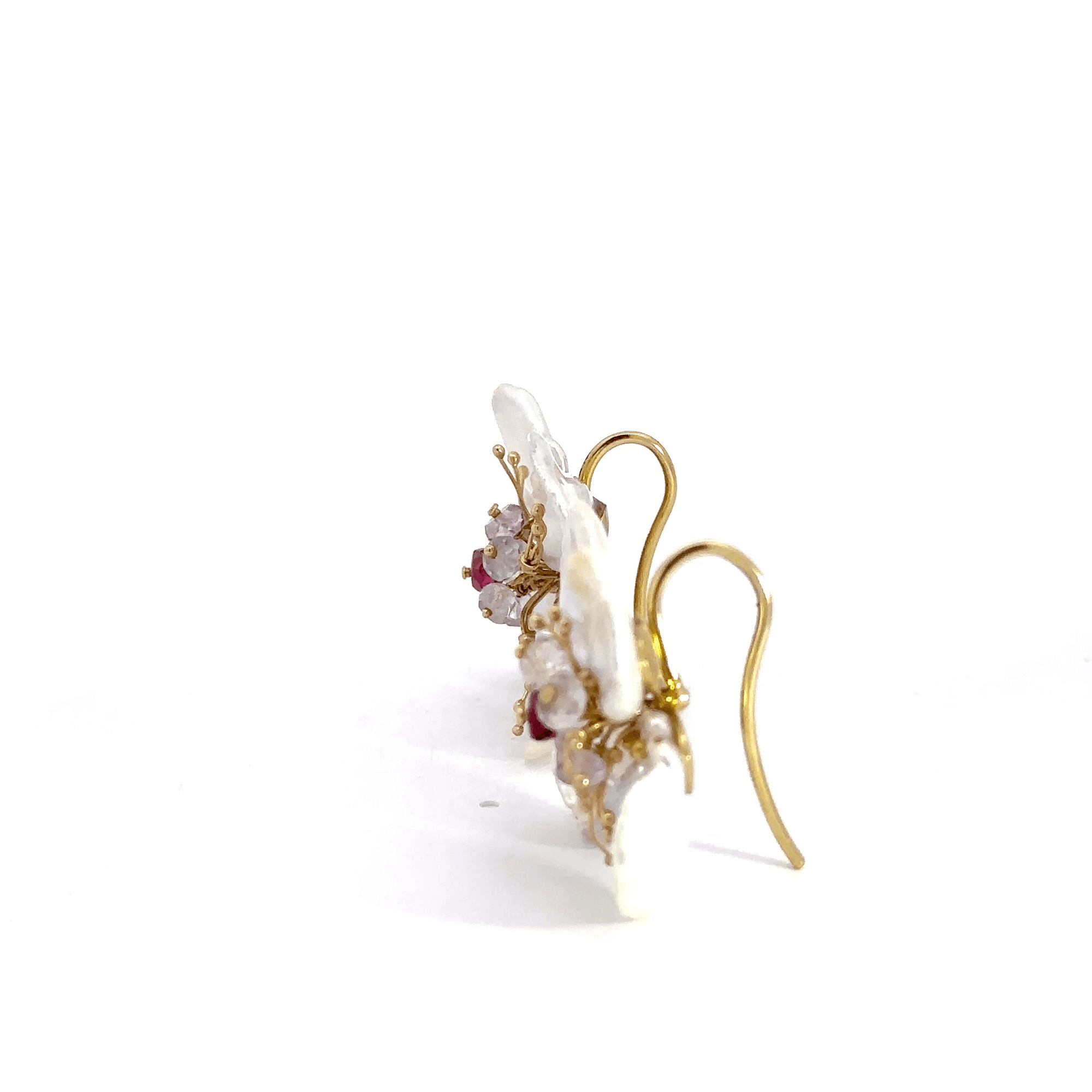 Freshwater Pearl Petals and Garnet 18k Yellow Gold Flower Earrings