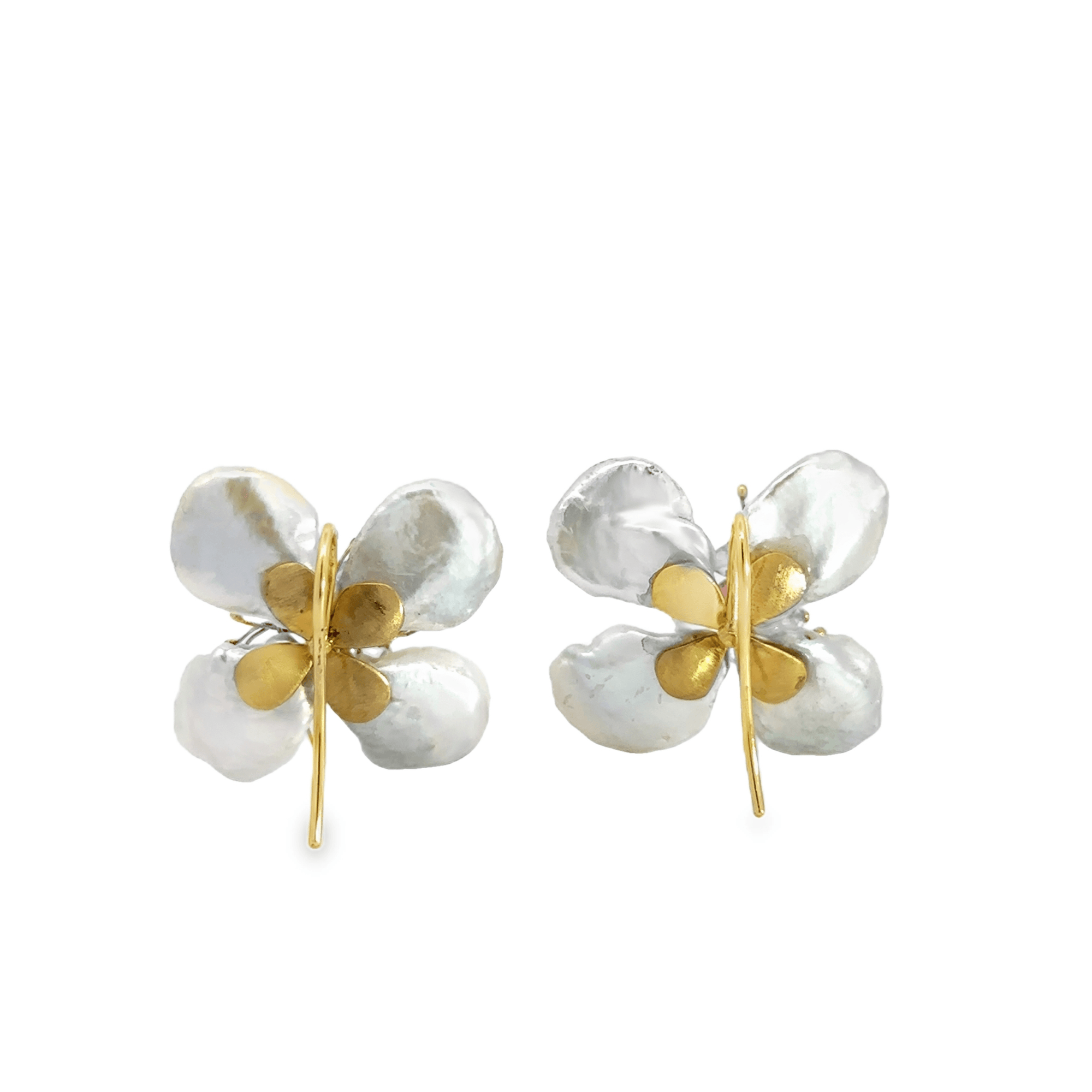 Freshwater Pearl Petals and Garnet 18k Yellow Gold Flower Earrings