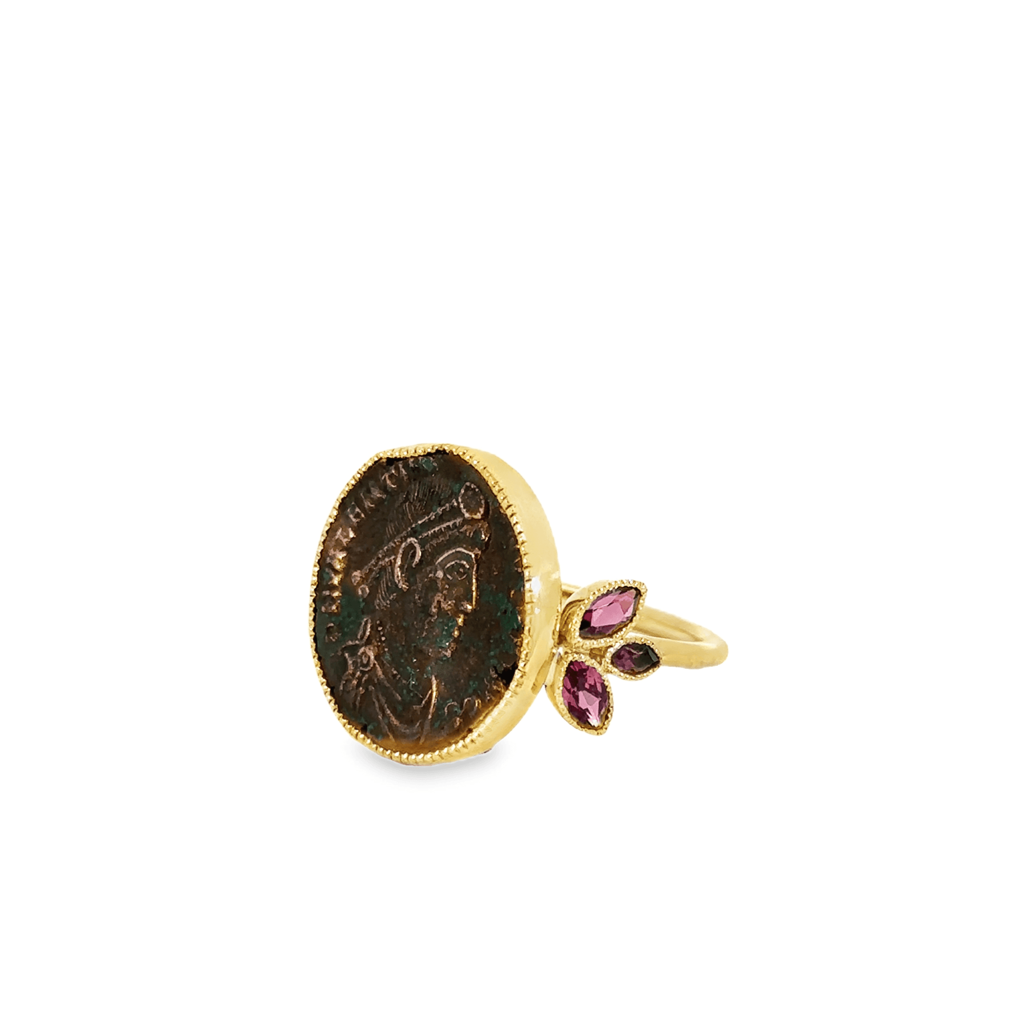 18k Yellow Gold and Garnet Roman Coin Ring