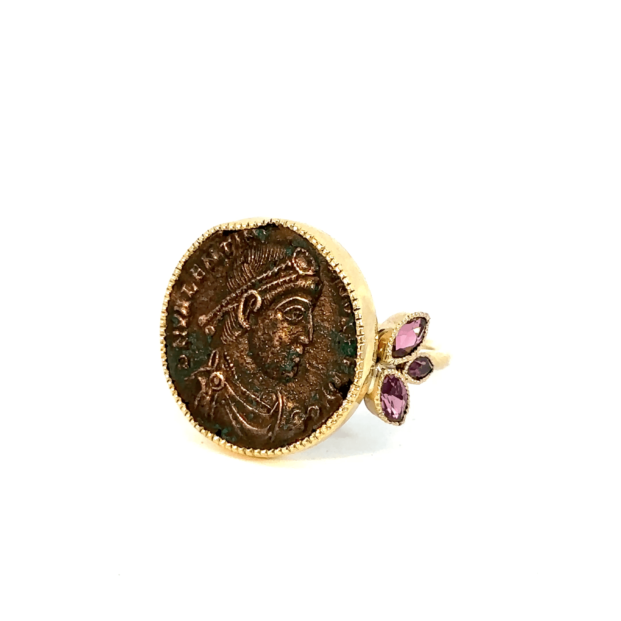 18k Yellow Gold and Garnet Roman Coin Ring