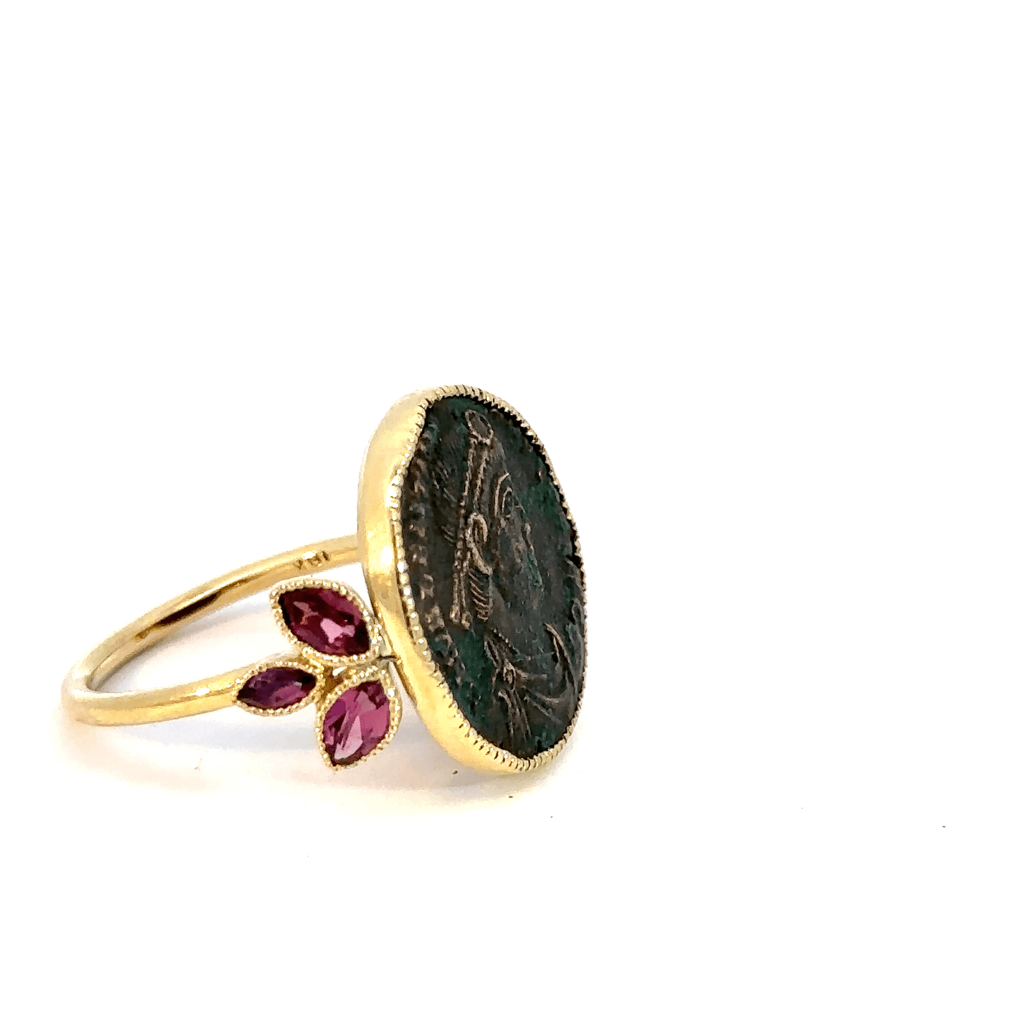 18k Yellow Gold and Garnet Roman Coin Ring