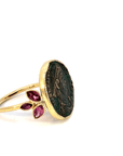 18k Yellow Gold and Garnet Roman Coin Ring