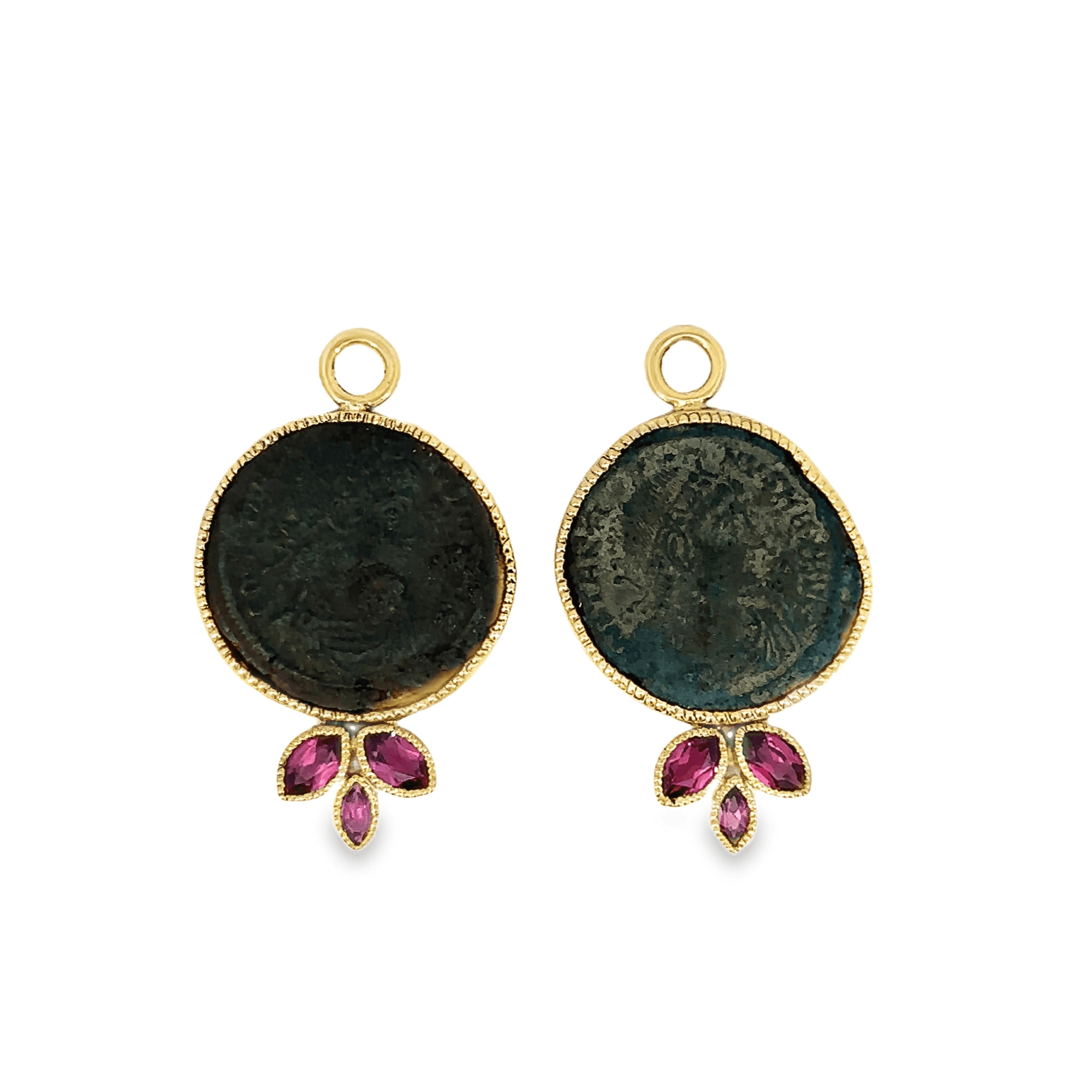 18k Yellow Gold and Garnet Roman Coin Earring Charms