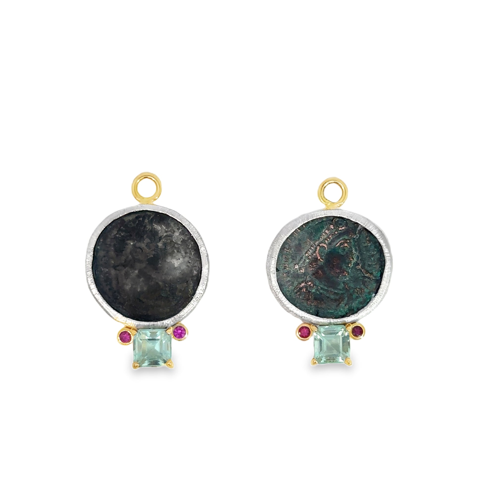 The Ella Roman Coin Earring Charms (18k Yellow Gold, Fluorite, and Pink Tourmaline)