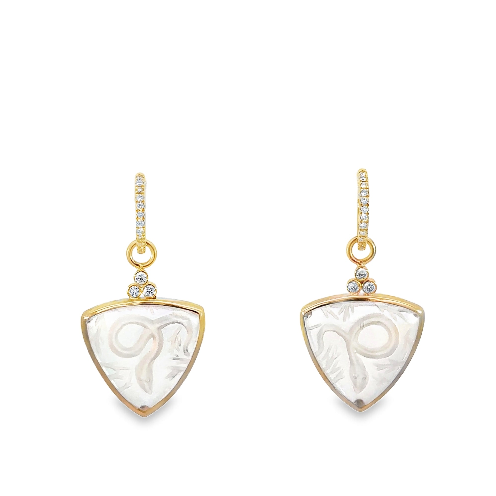 Snake Triangle Carved Quartz and Diamond Earring Charms (14k White Gold, Carved Quartz, and Diamonds)