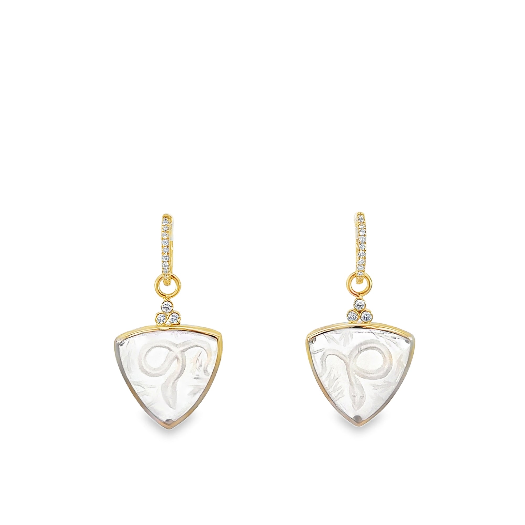 Snake Triangle Carved Quartz and Diamond Earring Charms (14k White Gold, Carved Quartz, and Diamonds)