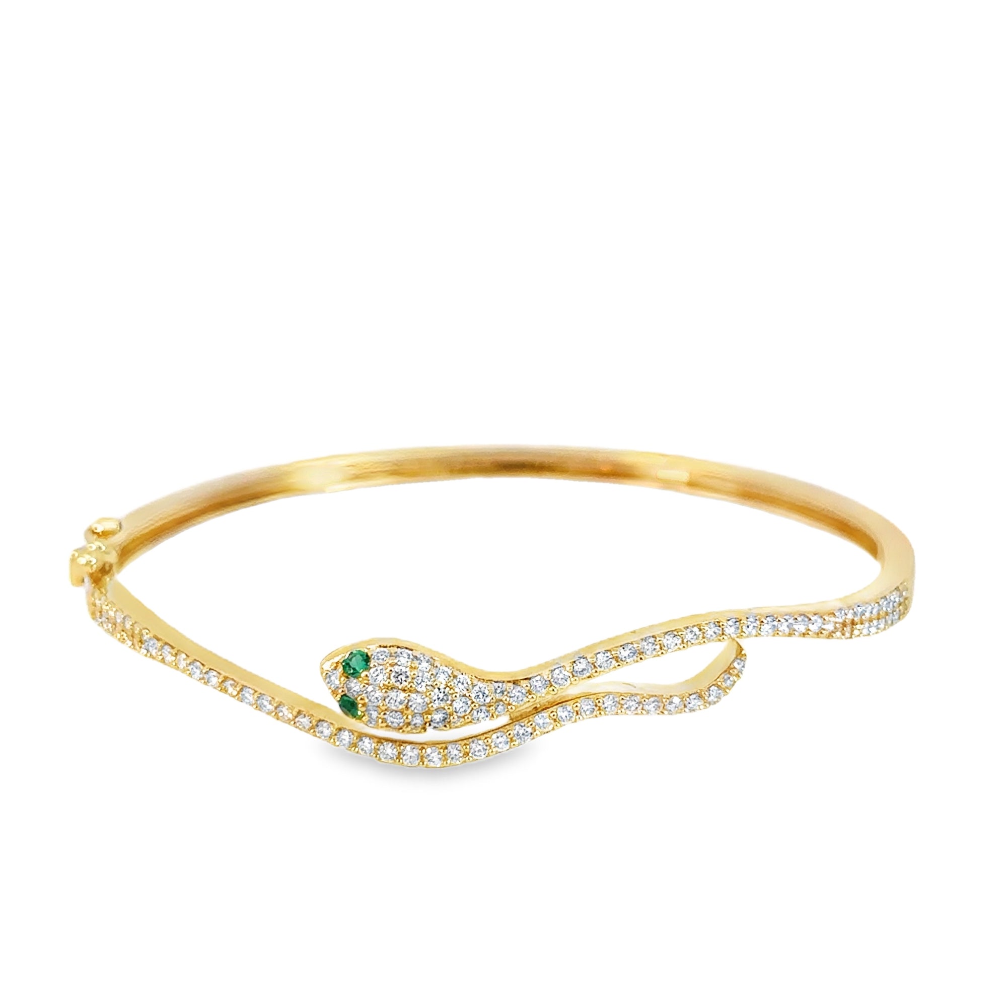 Wavy Snake Bangle Bracelet (14k Yellow Gold, Diamond, and Emerald)