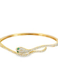 Wavy Snake Bangle Bracelet (14k Yellow Gold, Diamond, and Emerald)