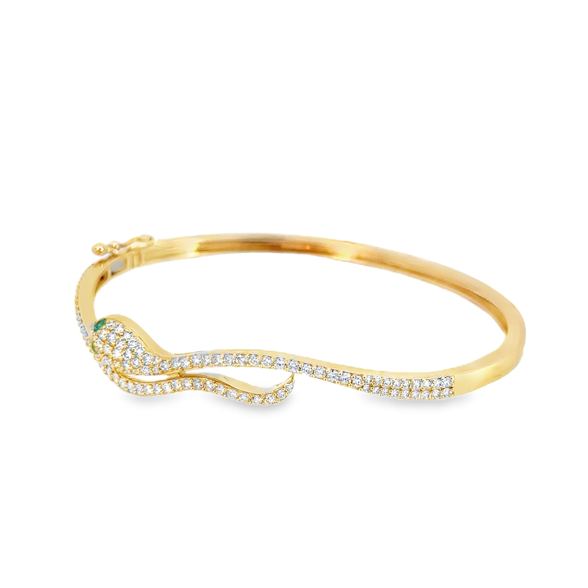 Wavy Snake Bangle Bracelet (14k Yellow Gold, Diamond, and Emerald)