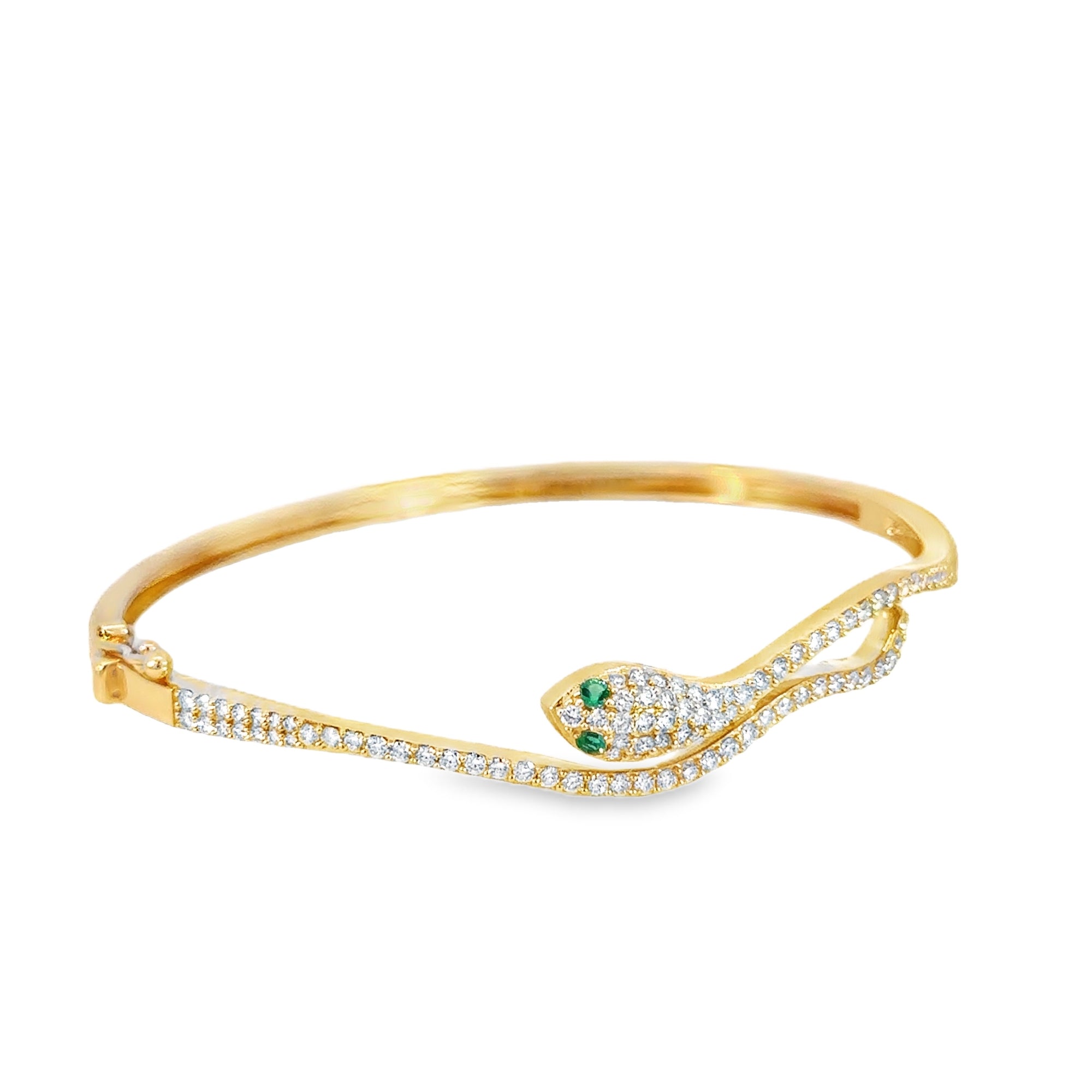 Wavy Snake Bangle Bracelet (14k Yellow Gold, Diamond, and Emerald)