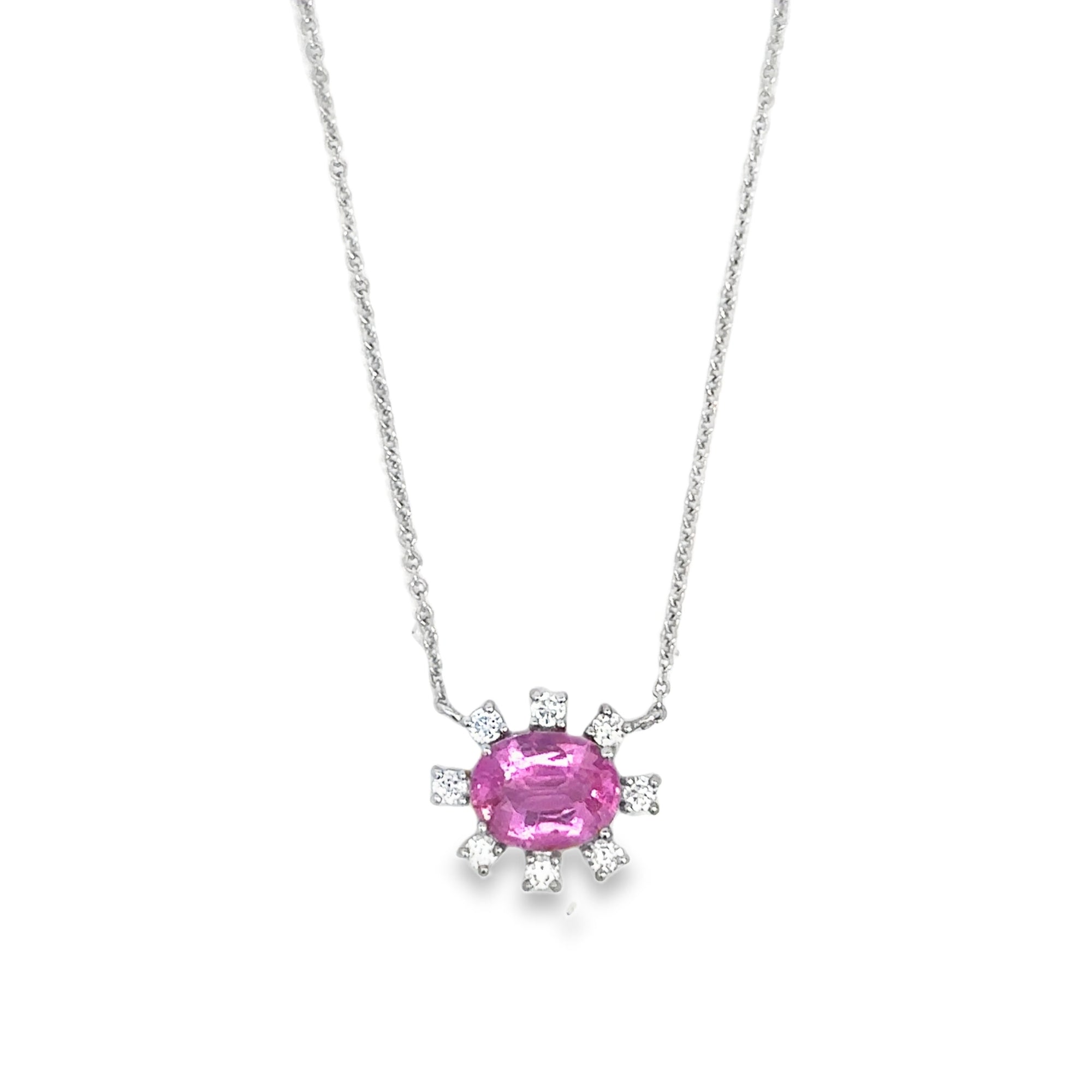 Pink Sapphire Diamond Halo Necklace (14k White Gold, Diamond, and Pink Sapphire)