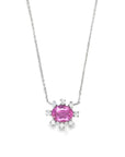 Pink Sapphire Diamond Halo Necklace (14k White Gold, Diamond, and Pink Sapphire)