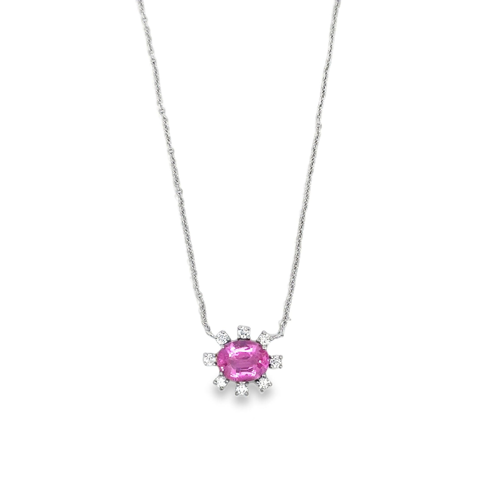 Pink Sapphire Diamond Halo Necklace (14k White Gold, Diamond, and Pink Sapphire)