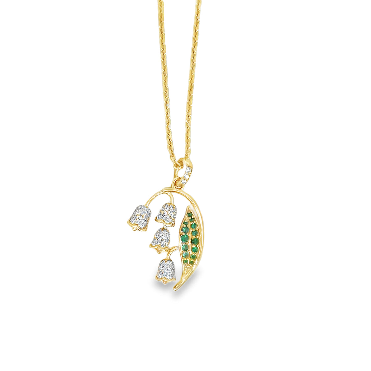 Lilly Of The Valley Flower and Emerald May Pendant Necklace