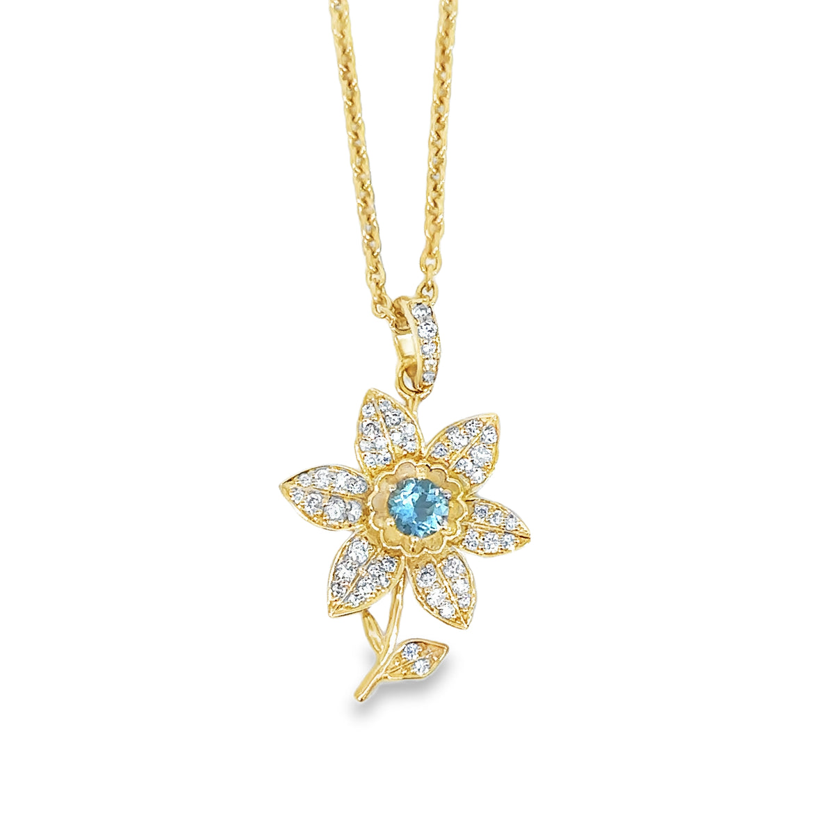 Daffodil Flower and Aquamarine March Pendant Necklace