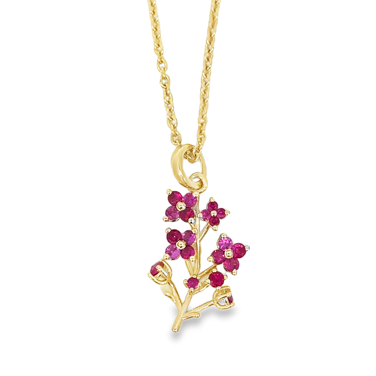Larkspur Flower and Ruby July Pendant Necklace