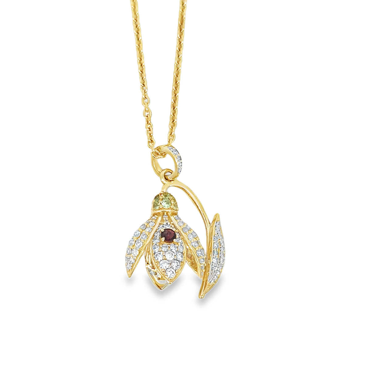 Snowdrop Flower and Garnet January Pendant Necklace