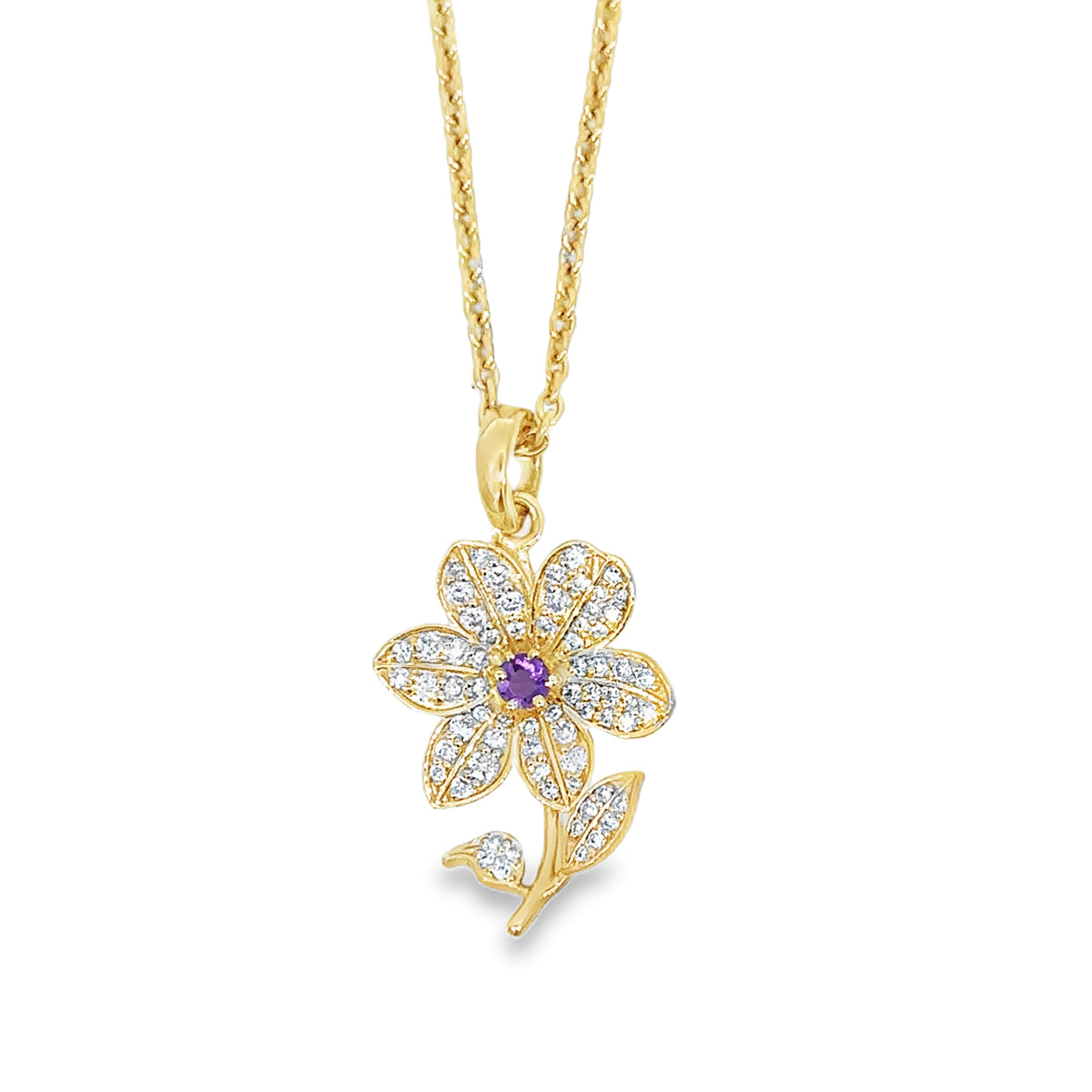 Violet Flower and Amethyst February Pendant Necklace