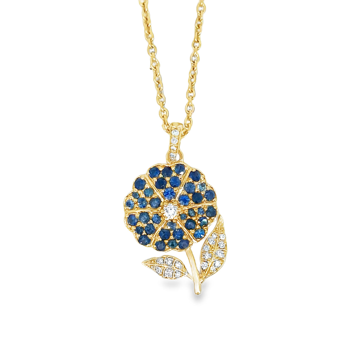Morning Glory Flower and Blue Sapphire September Pendant Necklace