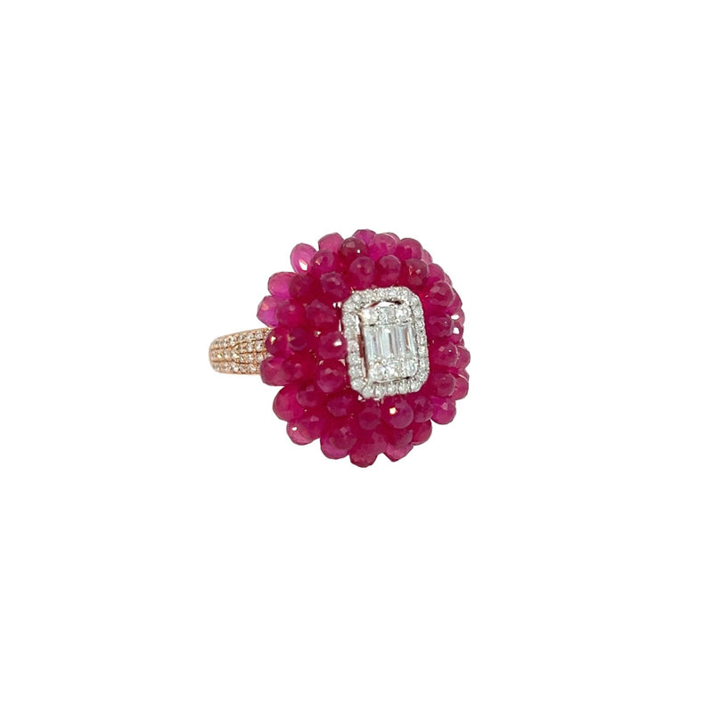Ruby Briolette Ring with Emerald Cut Diamond Mosaic Center