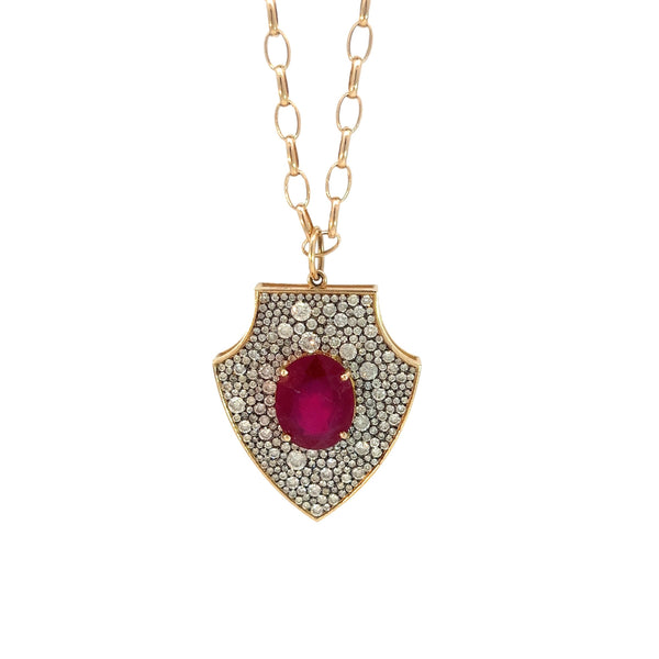 Ruby and Diamond Pave Shield Pendant