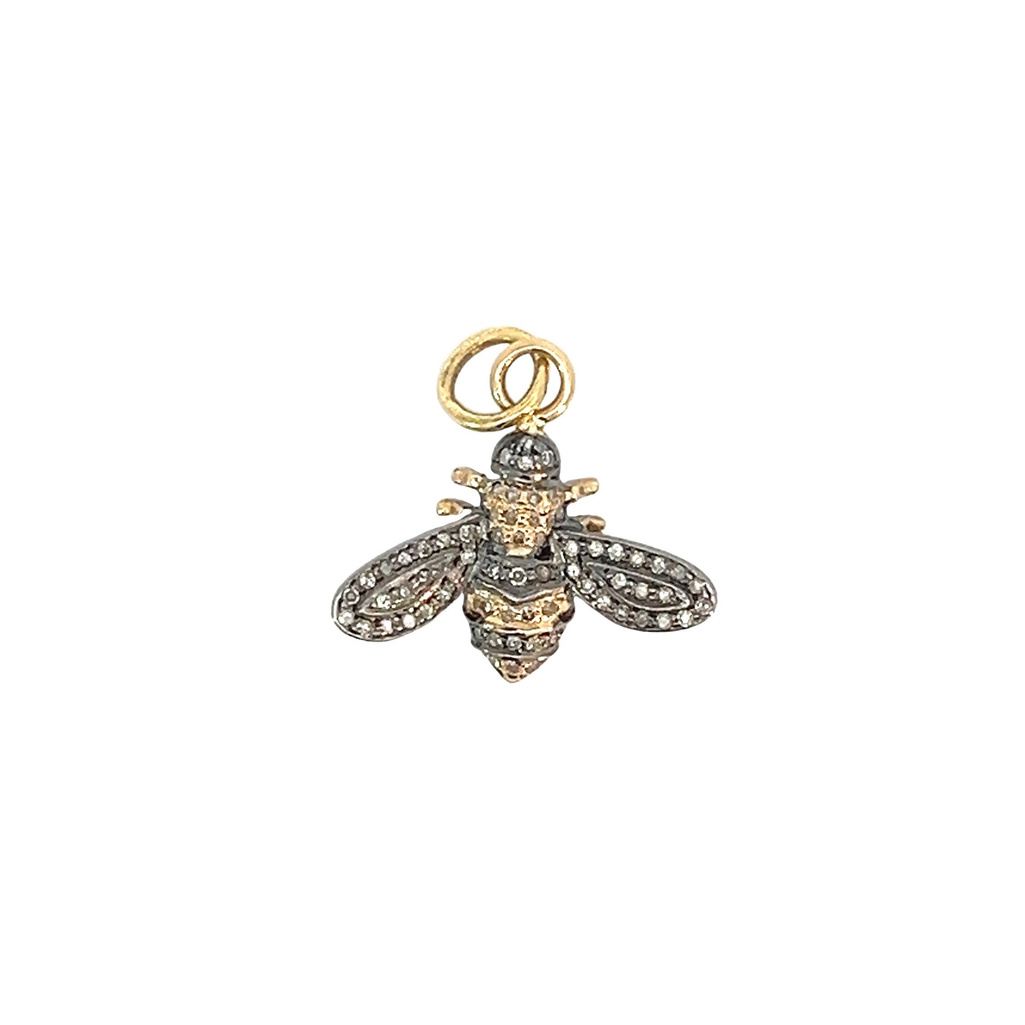 14k Gold and Oxidized Diamond Bee Pendant