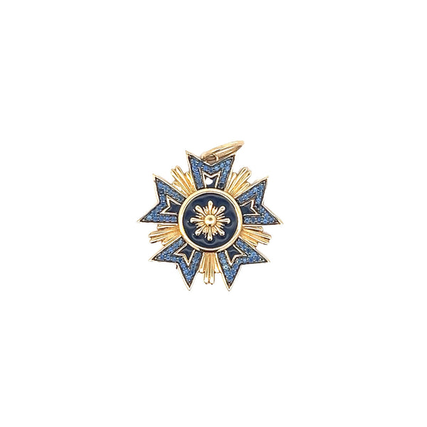 Enamel Sapphire and Gold Starburst Medallion Pendant