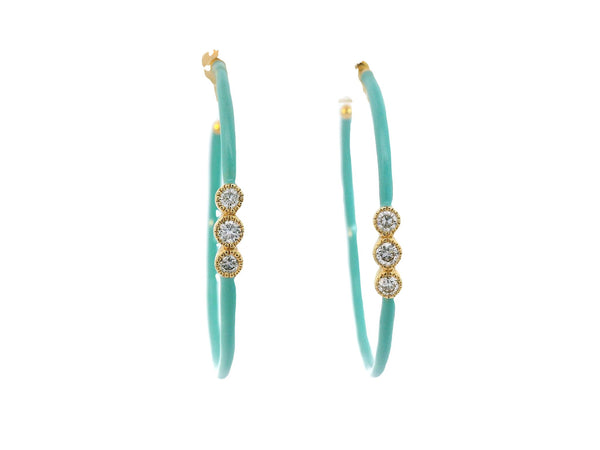 Turquoise Enamel Gold and Diamond Hoops
