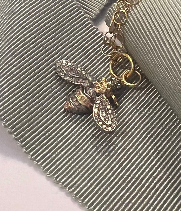 Oxidized Silver and Gold Diamond Bee Shaped Pendant