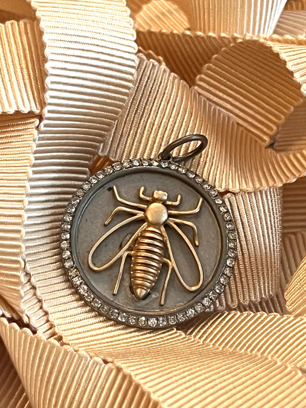 Oxidized Silver and 14k Yellow Gold Bee Pendant With Diamond Halo
