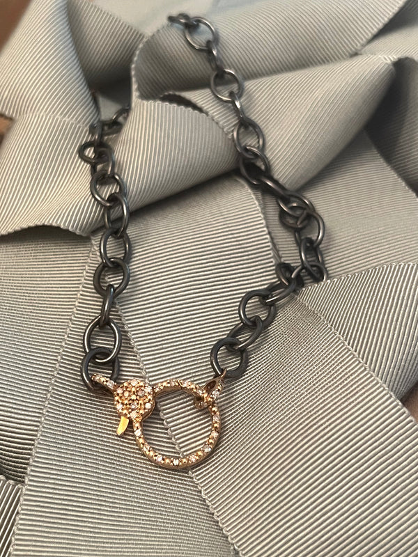 Oxidized Silver Chunky Oval Chain with Pave Diamond Gold Clasp