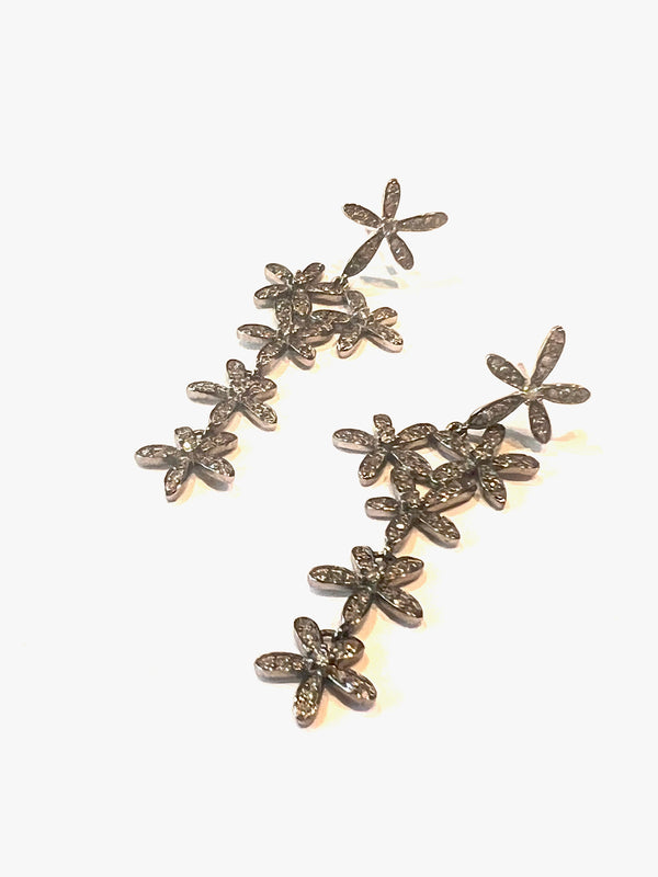 Oxidized Silver and Diamond Flower Drop Earrings