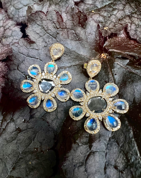 Moonstone Flower Earrings with Diamond Slices