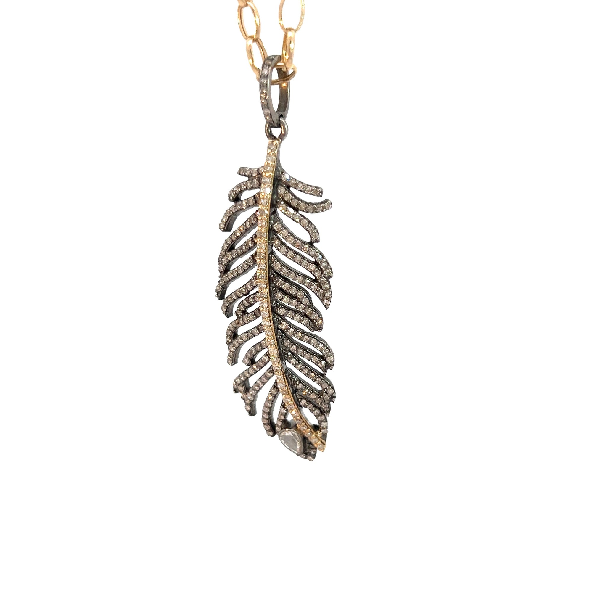 Oxidized Silver and 14k Yellow Gold Pave Diamond Feather Pendant