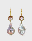 Pink Tourmaline, Pearl and Diamond Drop Earrings