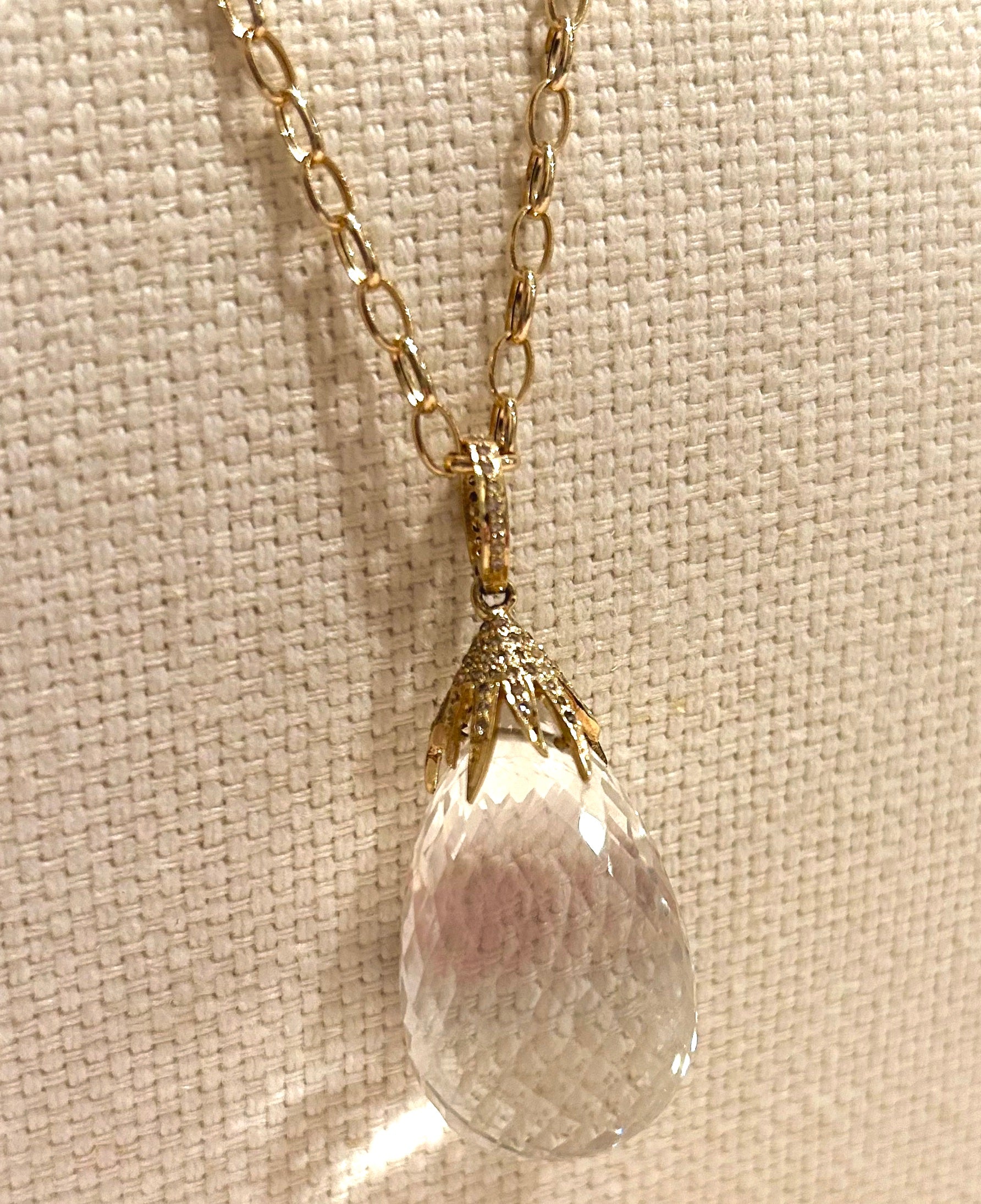 White Topaz Full Cut Drop with Diamond Cap Pendant