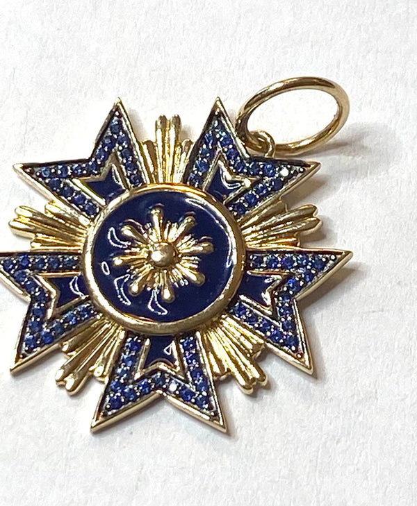 Enamel Sapphire and Gold Starburst Medallion Pendant