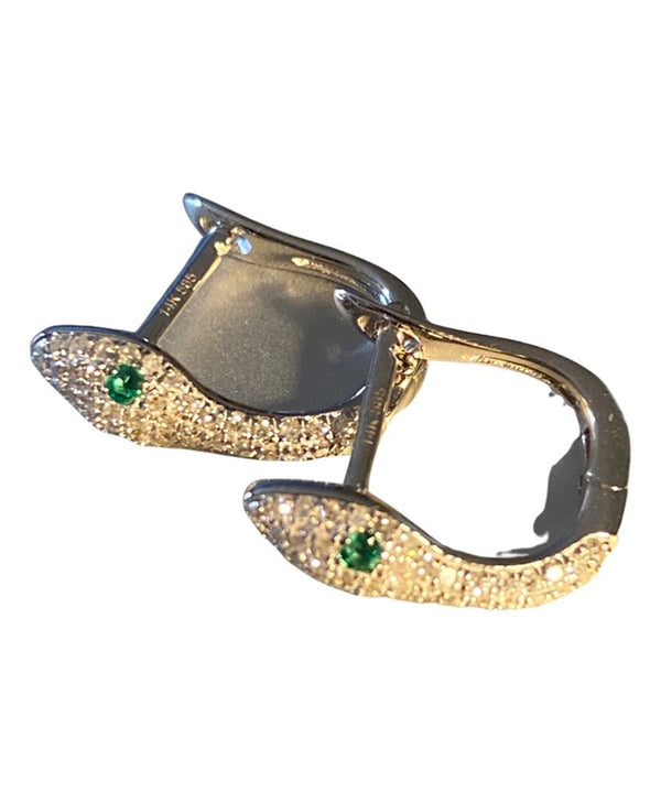 White Gold Pave Diamond Serpentine Lever Hoops with Emerald Eyes
