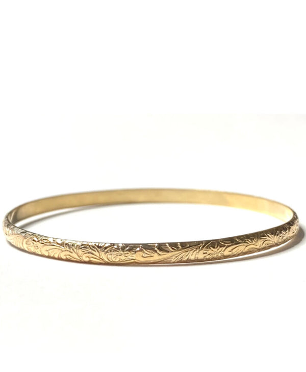 14k Yellow Gold Engraved Floral Bangle